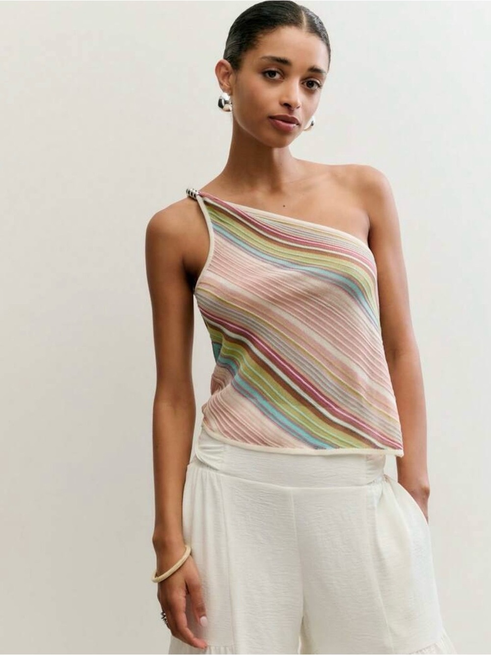 Missoni Style Pastel Wave Knit Beaded One-Shoulder Top